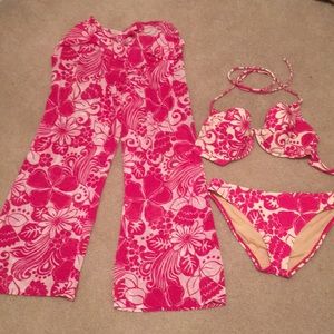 Pink hibiscus print halter bikini w/ cover up